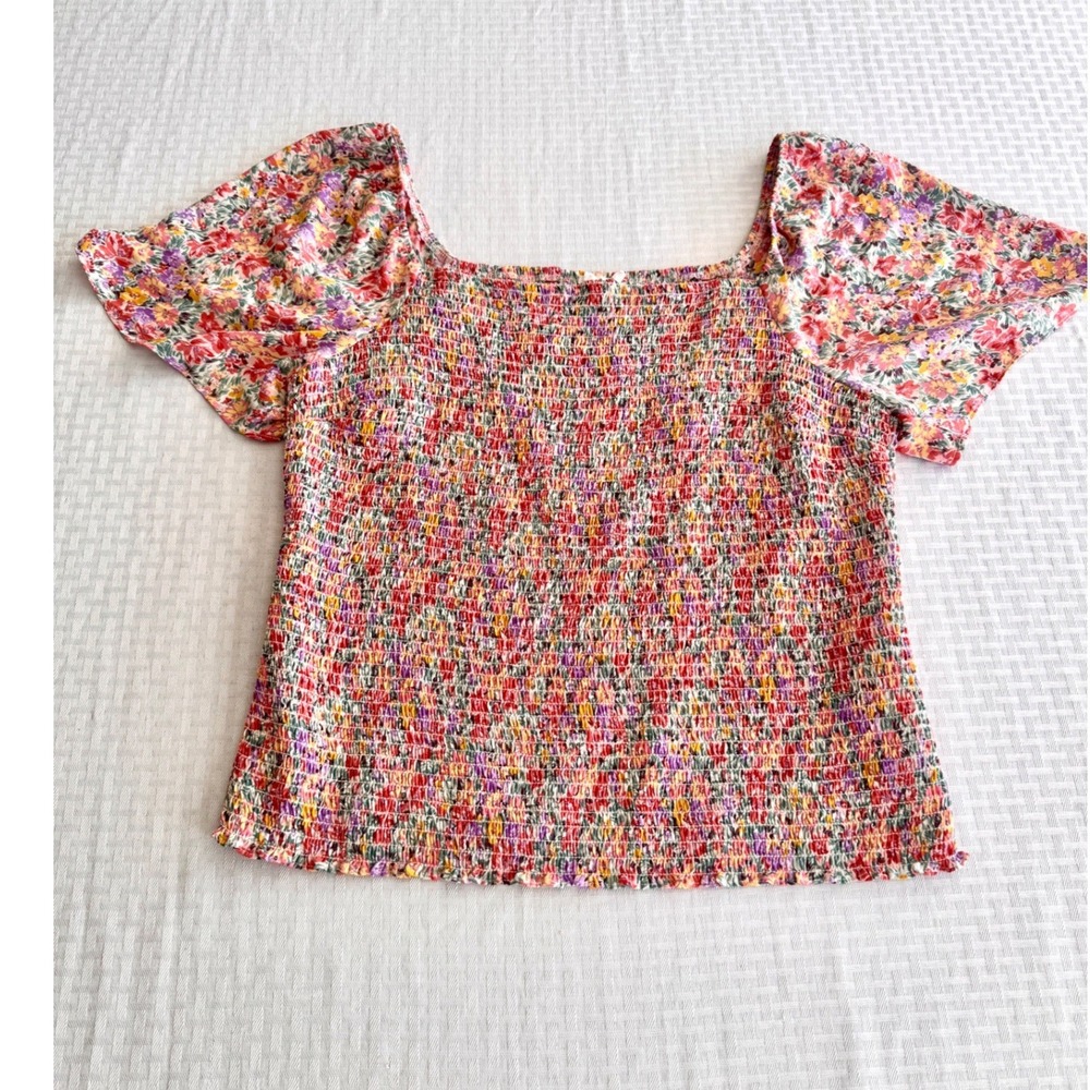 Lush Floral Smocked Puff Sleeve Top Peach Coral‎ Multi Square Neck Plus Size 2X